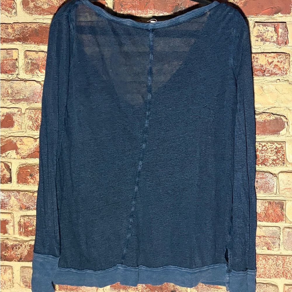 Free People We The Free Affogato Hacci Henley Top Indigo Linen Blend Raw Hem M - Picture 6 of 7